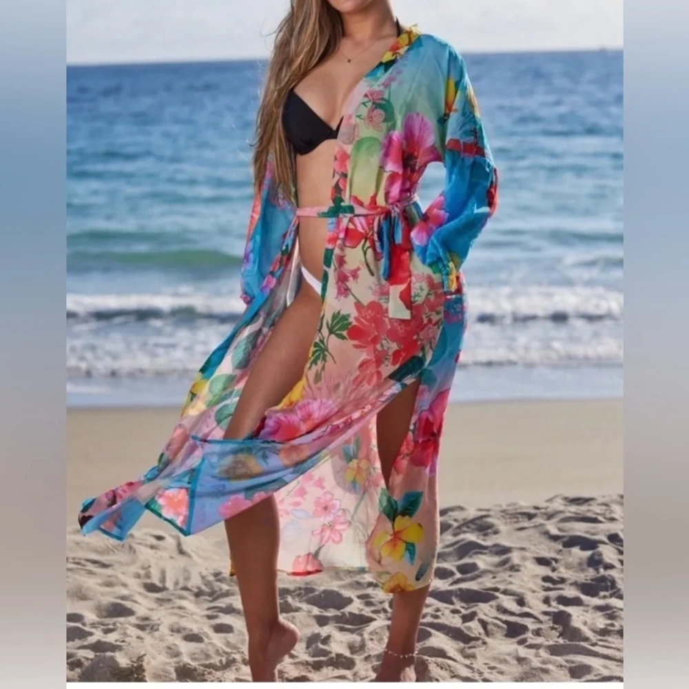 Ranee’s Tropical Floral Sheer Beach Cover-Up Kimono in Blue & Multicolor